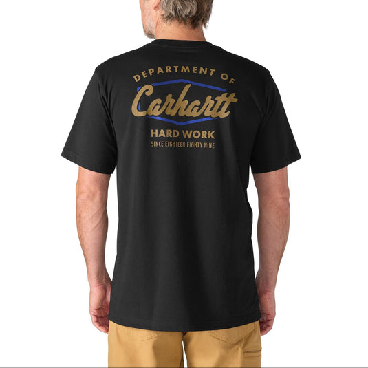 A man viewed from the back wearing a black short-sleeve t-shirt with a large Carhartt graphic on the back, paired with tan pants, against a plain white background.