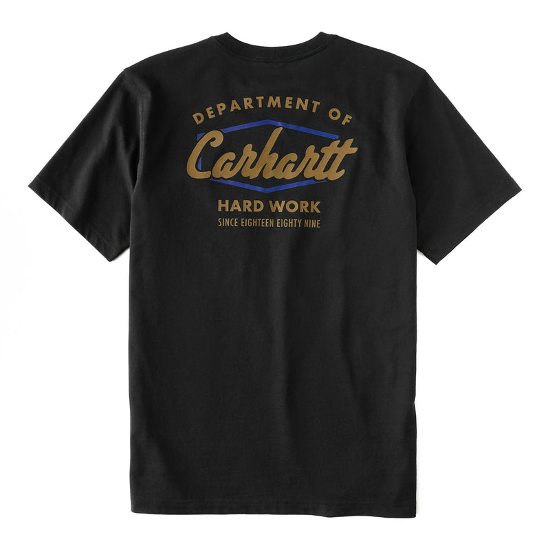 Load image into Gallery viewer, A black short-sleeve t-shirt shown from the back, featuring a vintage-style graphic print that reads 'DEPARTMENT OF Carhartt HARD WORK SINCE EIGHTEEN Eighty Nine' in tan and blue.
