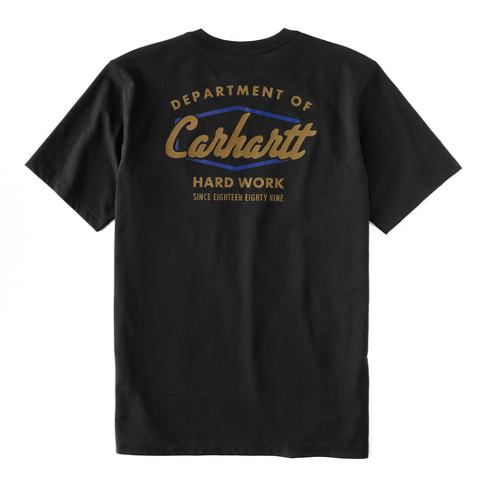 A black short-sleeve t-shirt shown from the back, featuring a vintage-style graphic print that reads 'DEPARTMENT OF Carhartt HARD WORK SINCE EIGHTEEN Eighty Nine' in tan and blue.