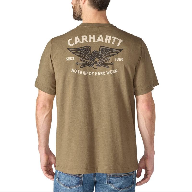 Load image into Gallery viewer, A man wearing a brown Carhartt t-shirt, viewed from the back. The shirt features a large distressed graphic on the back with the Carhartt brand name, an eagle emblem, and the text 'SINCE 1869' and 'NO FEAR OF HARD WORK'.
