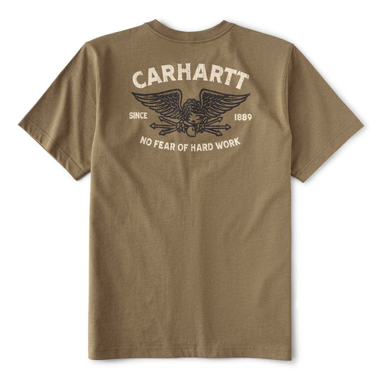 A brown short-sleeve t-shirt shown from the back, featuring a large Carhartt graphic with an eagle, crossed tools, and the text 'CARHARTT', 'SINCE 1889', and 'NO FEAR OF HARD WORK' in a light cream color.