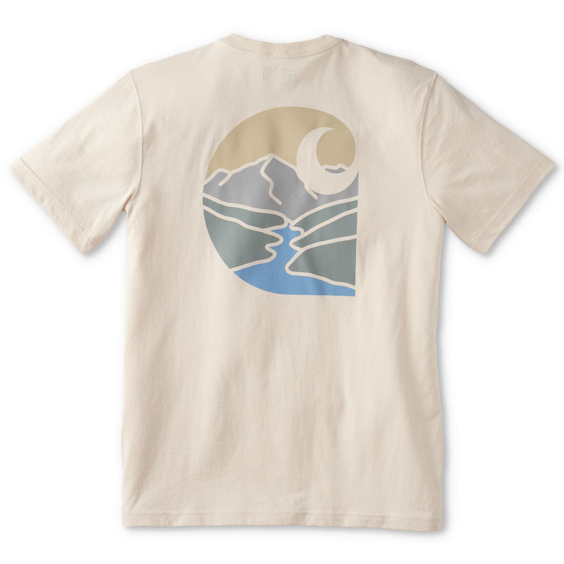 Load image into Gallery viewer, Back of an off-white t-shirt with a mountain river graphic in the Carhartt logo. 
