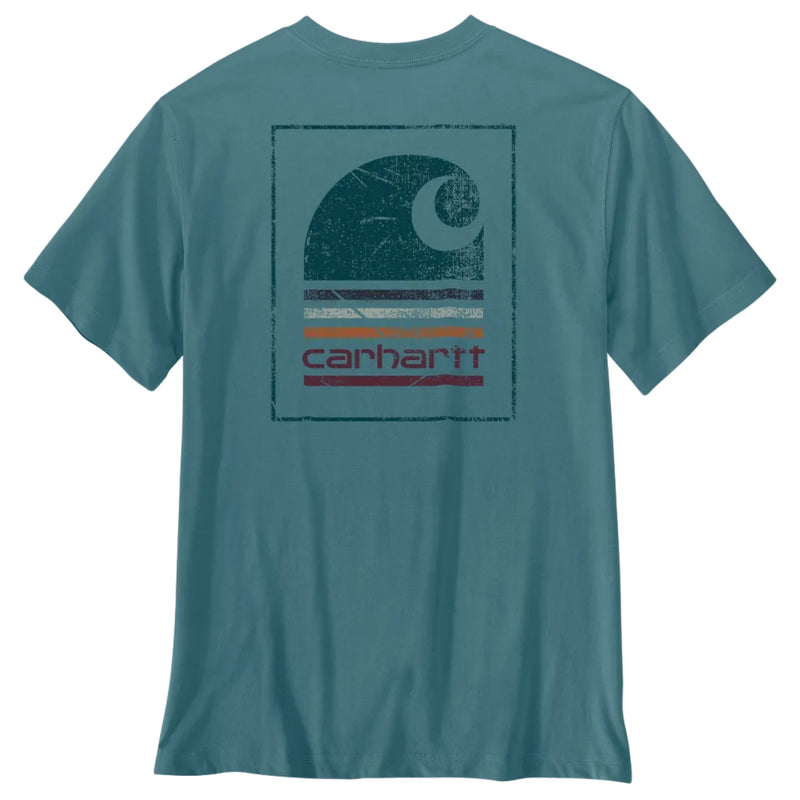 Load image into Gallery viewer, A teal blue short-sleeve t-shirt with a distressed vintage-style Carhartt logo graphic on the back, featuring a crescent moon and horizontal stripes in red, orange, and white.
