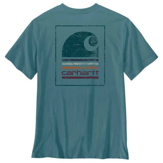 A teal blue short-sleeve t-shirt with a distressed vintage-style Carhartt logo graphic on the back, featuring a crescent moon and horizontal stripes in red, orange, and white.