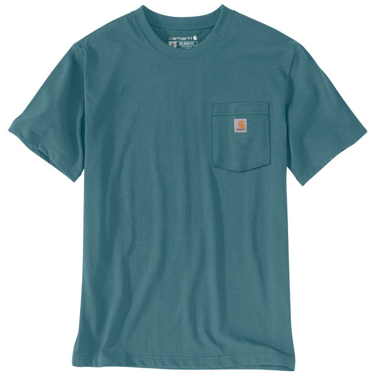A teal blue short-sleeve crewneck t-shirt with a left chest pocket featuring a small Carhartt logo patch, shown flat against a white background.