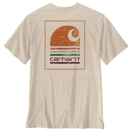 A beige short-sleeve t-shirt with a vintage-style distressed Carhartt logo graphic on the chest, displayed against a solid white background.