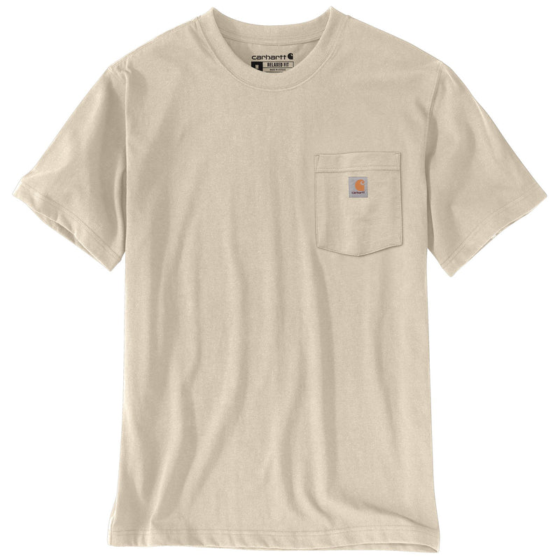 Load image into Gallery viewer, A light beige Carhartt short-sleeve t-shirt with a chest pocket and the brand's signature square logo patch on the left chest, displayed on a clean white background.
