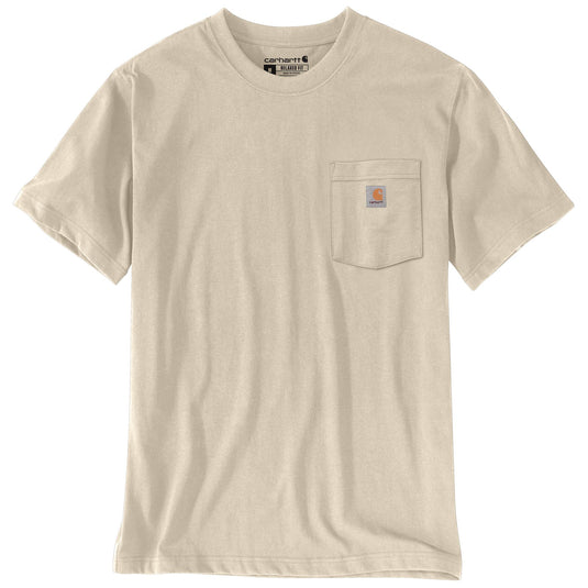 A light beige Carhartt short-sleeve t-shirt with a chest pocket and the brand's signature square logo patch on the left chest, displayed on a clean white background.