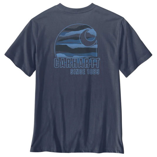 A navy blue short-sleeve t-shirt with a large Carhartt logo graphic on the chest, featuring a stylized 'C' emblem filled with blue and gray wavy stripes and the text 'CARHARTT SINCE 1889' underneath, shown against a plain white background.