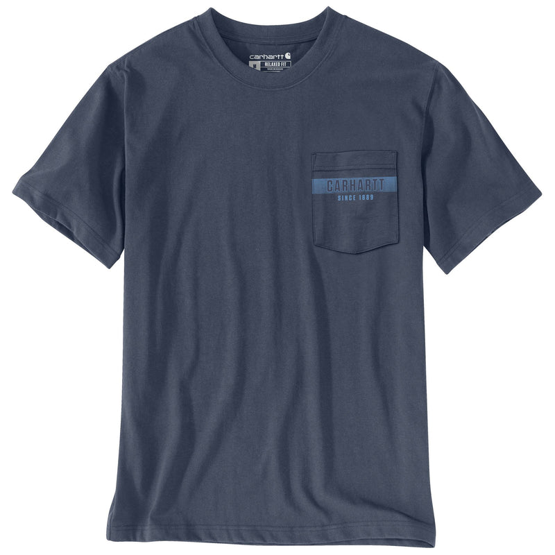 Load image into Gallery viewer, A navy blue short-sleeve crewneck t-shirt with a chest pocket on the left side, featuring a light blue horizontal stripe with 'CARHARTT' and 'SINCE 1889' printed on it.

