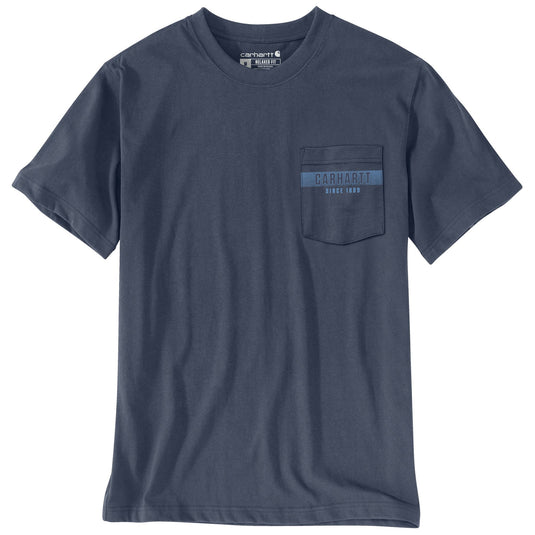 A navy blue short-sleeve crewneck t-shirt with a chest pocket on the left side, featuring a light blue horizontal stripe with 'CARHARTT' and 'SINCE 1889' printed on it.