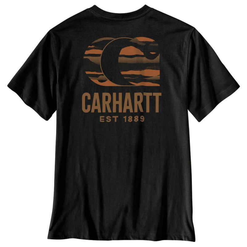 Load image into Gallery viewer, A black short-sleeve t-shirt with a large Carhartt logo graphic on the chest. The graphic features a stylized 'C' filled with a tiger-stripe camouflage pattern in brown and tan, with the text 'CARHARTT' and 'EST 1889' printed below in tan.

