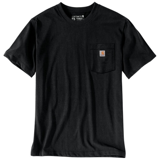 A black Carhartt short-sleeve crewneck t-shirt with a left chest pocket featuring the signature Carhartt logo patch, shown against a plain white background.