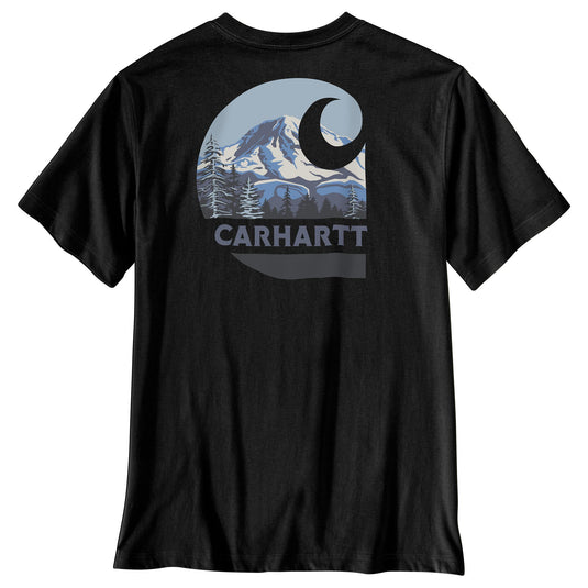 A black short-sleeve t-shirt with a circular graphic on the chest featuring a mountain, crescent moon, trees, and the brand name 'CARHARTT' in gray.