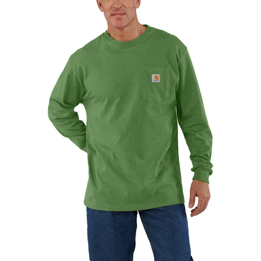 Man wearing a green long-sleeve shirt on a white background