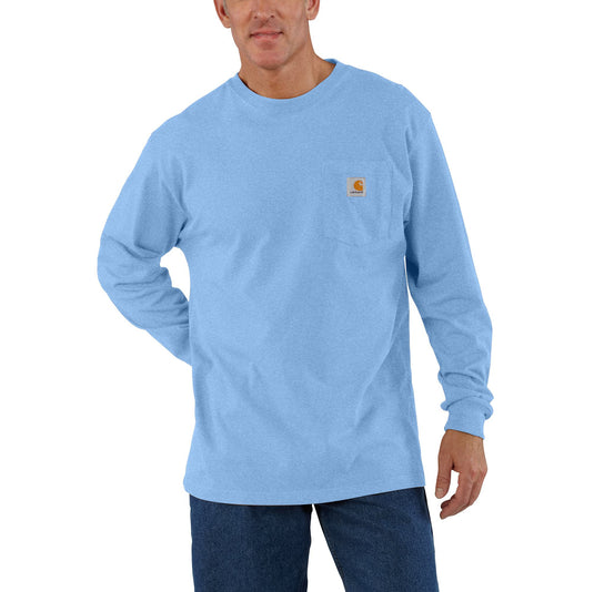 Man wearing a light blue long-sleeve shirt with a logo on a white background