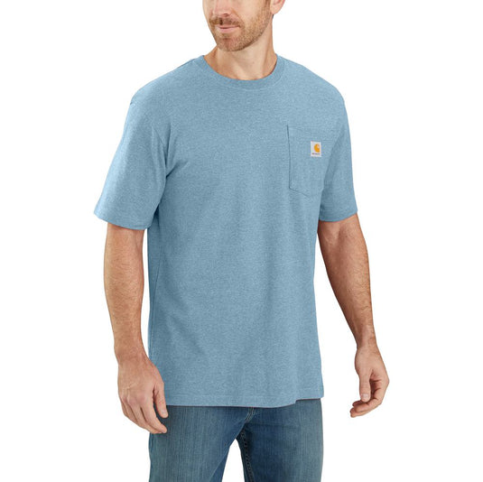 Man wearing a blue t-shirt with a visible brand logo on a white background