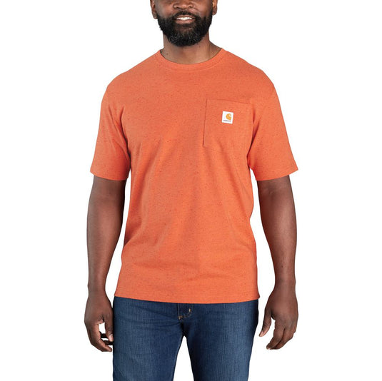 Man wearing an orange t-shirt with a pocket on a white background