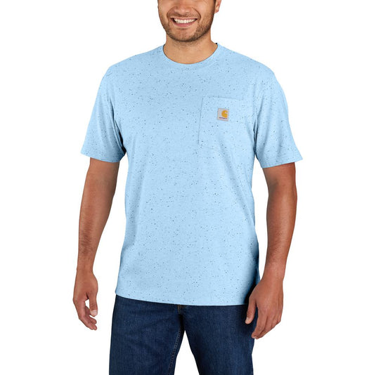Man wearing a light blue t-shirt with a brand logo on a white background