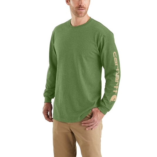 Man wearing a green long-sleeve shirt with a Carhartt brand logo on a white background