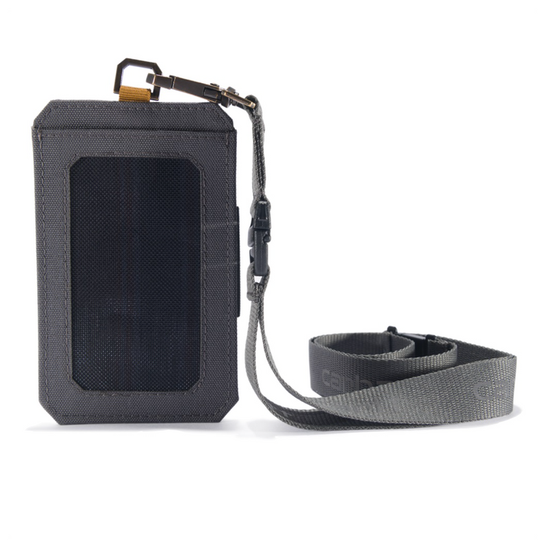 Load image into Gallery viewer, Black ID holder with a strap on a white background
