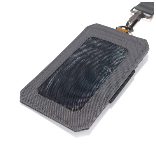 Gray ID card holder with mesh back on a white background