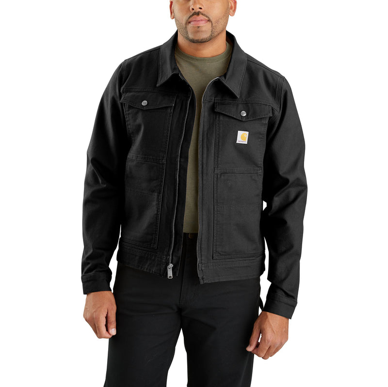 Load image into Gallery viewer, Front view of aman wearing a black Carhartt jacket with two chest pockets and a zipper front
