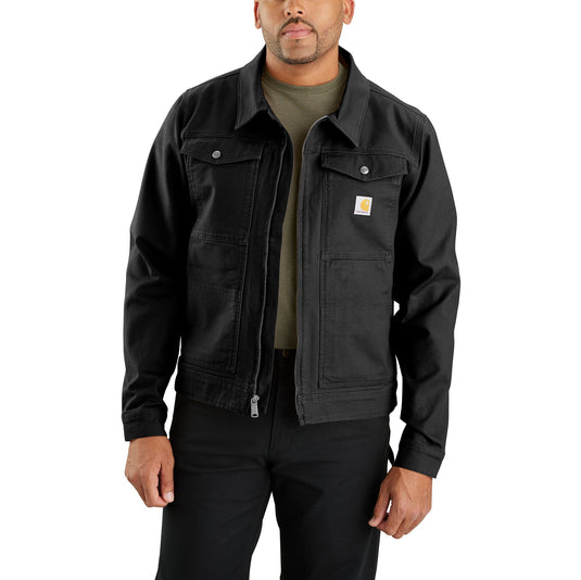 Front view of aman wearing a black Carhartt jacket with two chest pockets and a zipper front