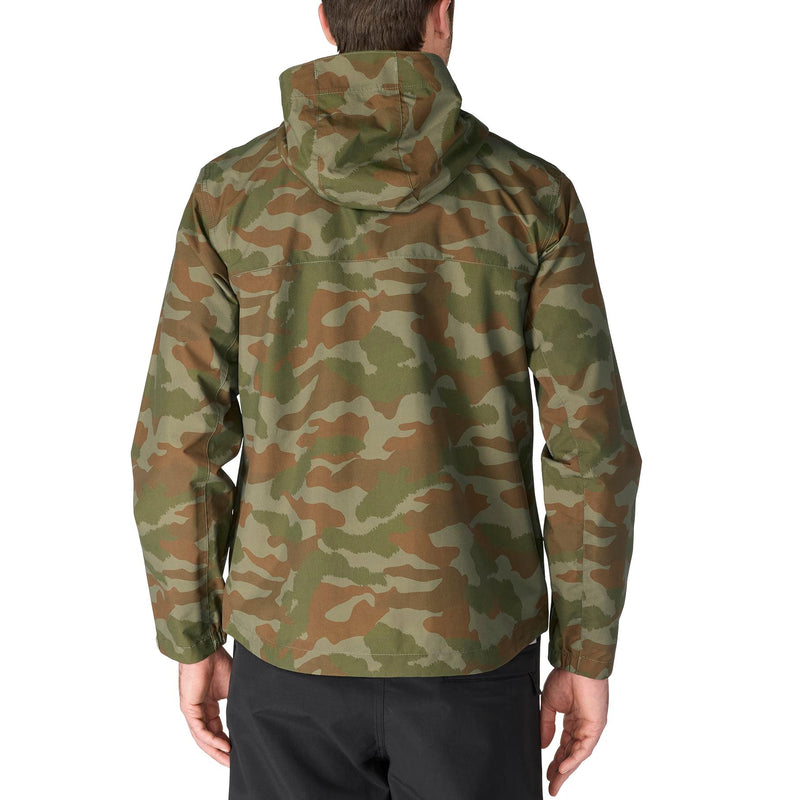 Load image into Gallery viewer, A man viewed from the back wearing a hooded camouflage jacket in shades of green, brown, and tan, paired with black pants, against a plain white background.
