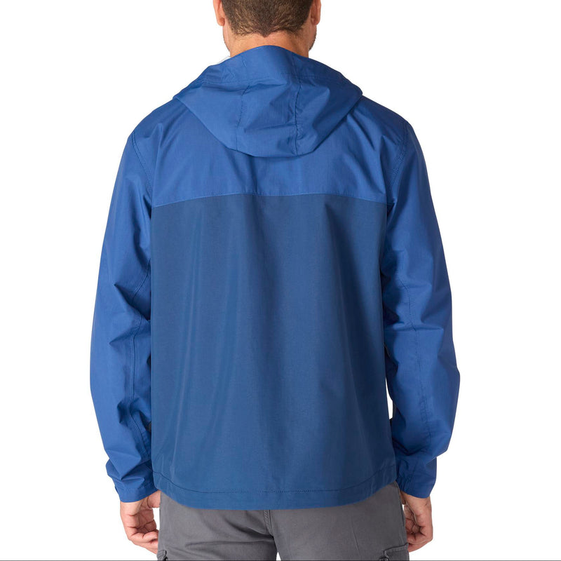 Load image into Gallery viewer, A man viewed from the back wearing a blue hooded jacket with a color-blocked design, set against a plain white background.
