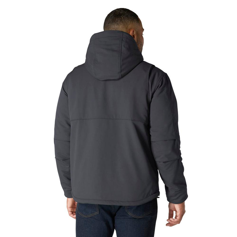 Load image into Gallery viewer, A man viewed from the back wearing a dark gray hooded jacket and dark blue jeans against a plain white background.
