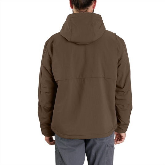 The backside of the dark brown Carhartt insulated jacket. 