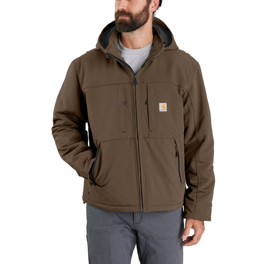 Person wearing a dark brown insulated zip-up jacket with the Carhartt logo on the chest pocket.