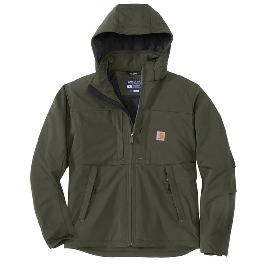 Flat lay of a moss green insulated Carhartt jacket with the Carhartt logo in the chest pocket. 
