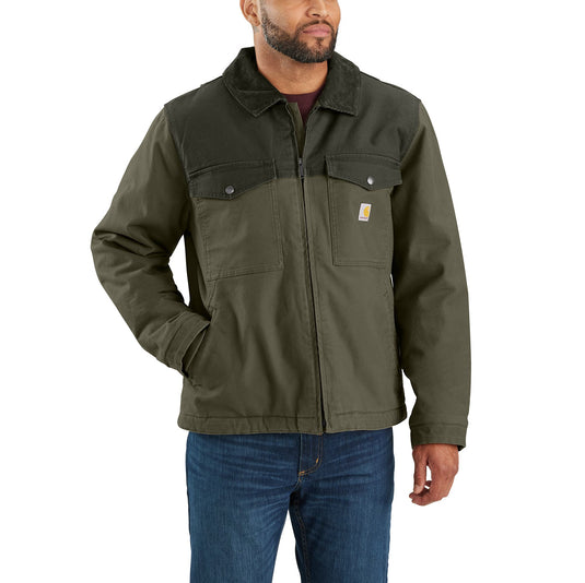 Man wearing a green jacket with a visible brand logo on a white background