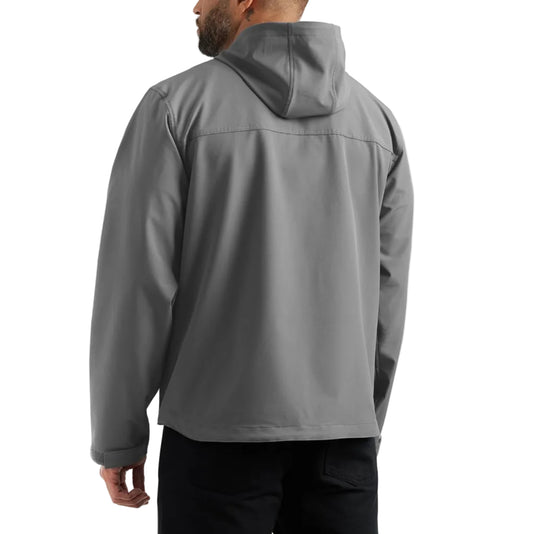 Person wearing a steel gray jacket with a hood on a white background