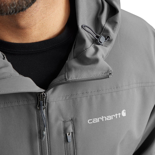Closeup of the zipper and neckline of a gray Carhartt jacket 