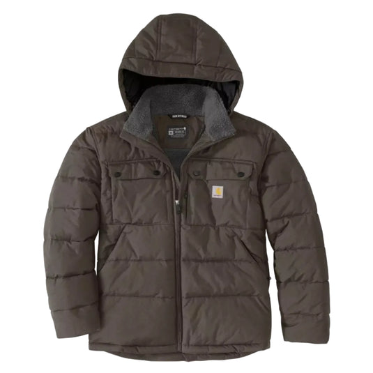 A dark brown hooded puffer jacket with a gray fleece collar, featuring a front zipper, snap-button chest pockets, and a visible Carhartt logo patch on the left chest.