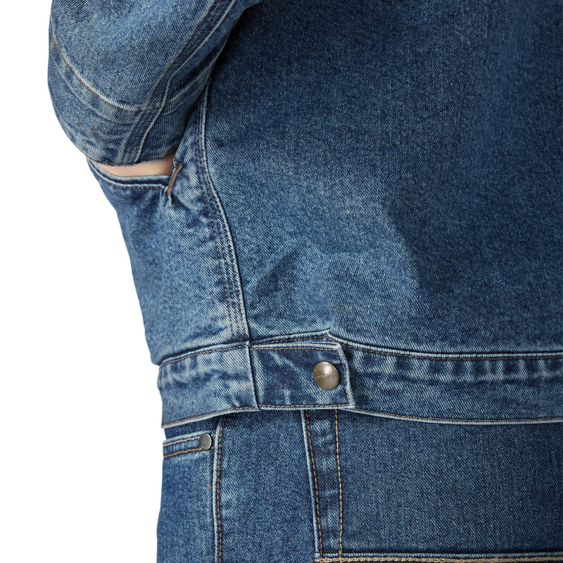 Load image into Gallery viewer, Close-up of a blue denim jacket on a white background
