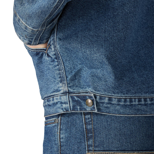 Close-up of a blue denim jacket on a white background