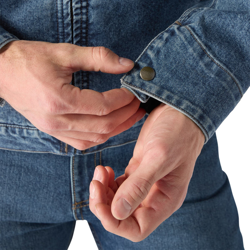 Load image into Gallery viewer, Close-up of a person's hands fastening a snap-button cuff on a blue denim jacket or denim garment, with the denim fabric filling most of the frame against a white background.
