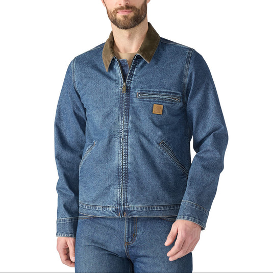 Man wearing a blue denim jacket with a white background