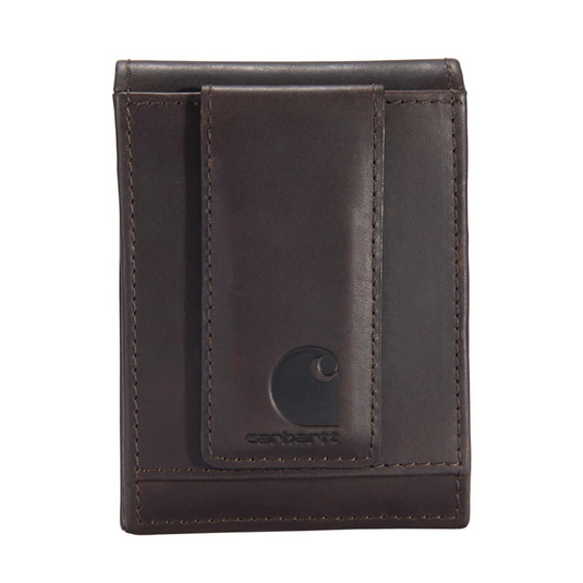 Brown leather wallet with Carhartt logo on a white background