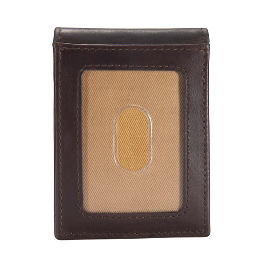 Brown leather wallet with beige ID cardholder on a white background