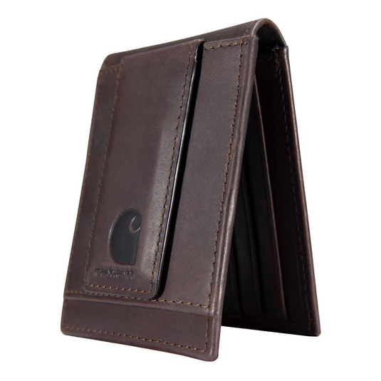 Brown leather wallet with a visible brand logo on a white background