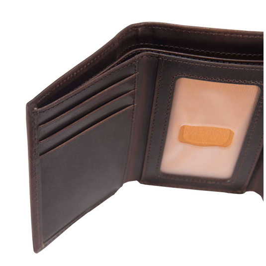Brown leather wallet with a card holder on a white background
