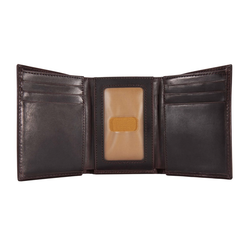Load image into Gallery viewer, Open brown leather wallet on a white background
