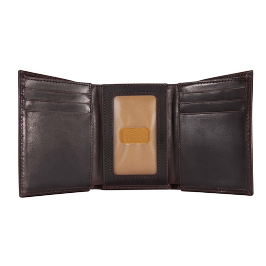 Open brown leather wallet on a white background