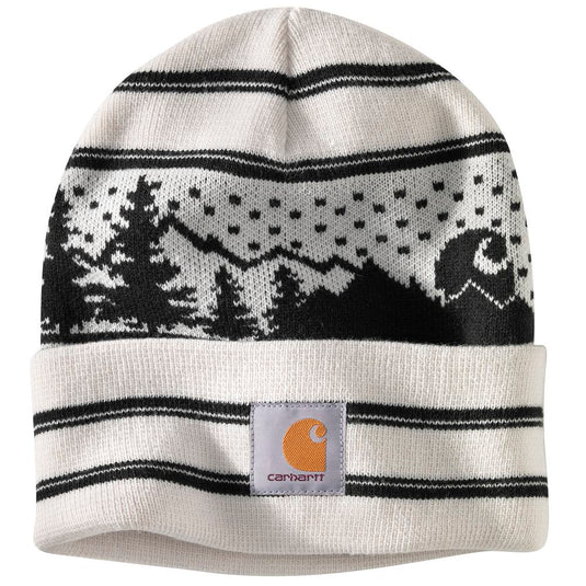 Knitted white beanie with a pattern and Carhartt logo on a white background