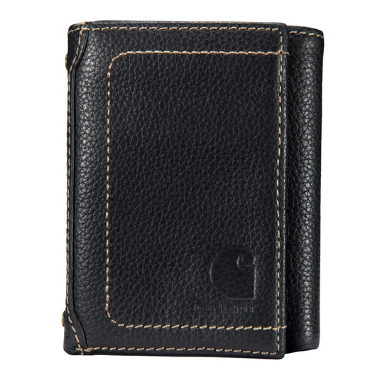 Black leather wallet with visible brand logo on a white background